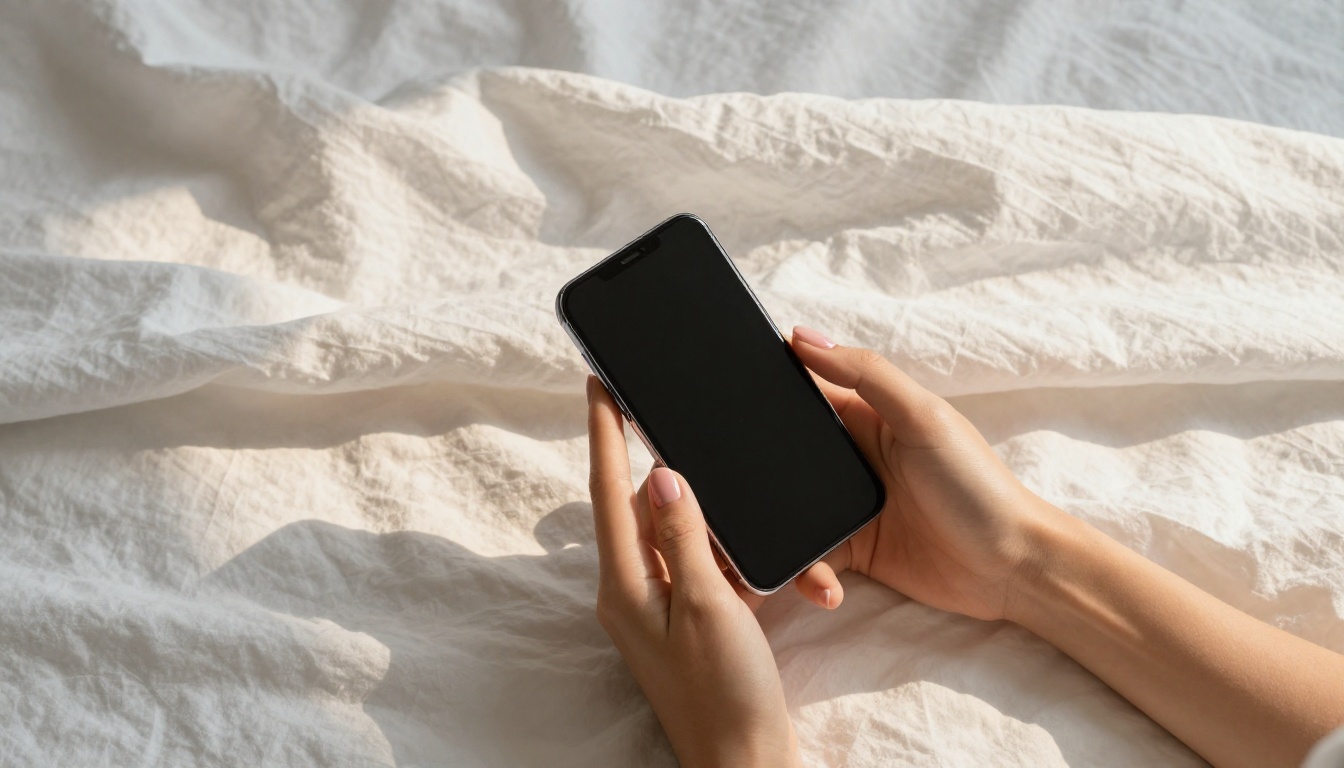Overhead aerial flat-lay of a woman's elegant hands holding a sleek smartphone on soft white linen sheets, warm morning sunlight creating natural shadows across the fabric