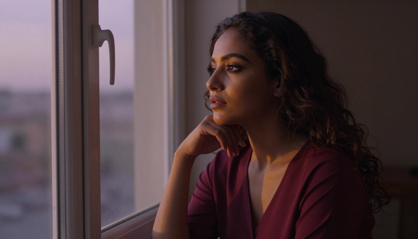 Beautiful Middle Eastern woman with kohl-rimmed eyes looking out a window at dusk, lavender and gold twilight light, profile three-quarter angle