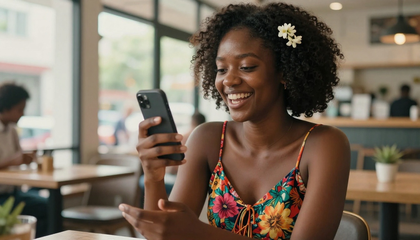 Young African woman with natural afro hair laughing at phone in bright cafe