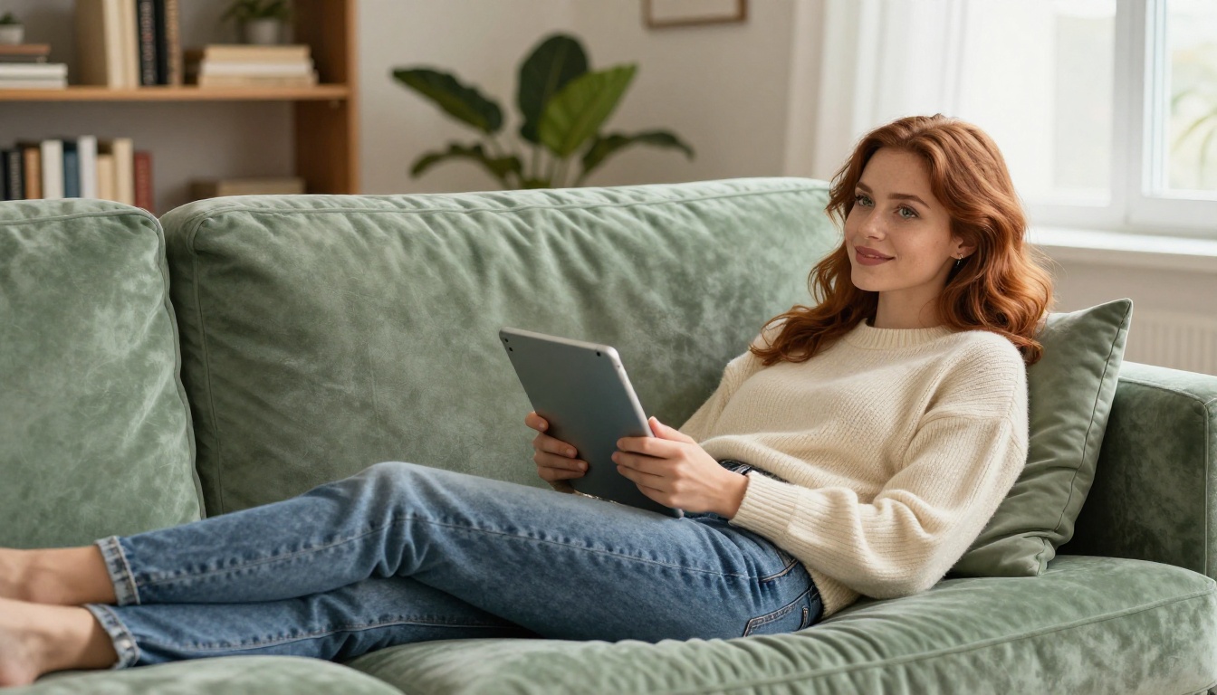 Woman relaxing with her AI companion app in a cozy home setting