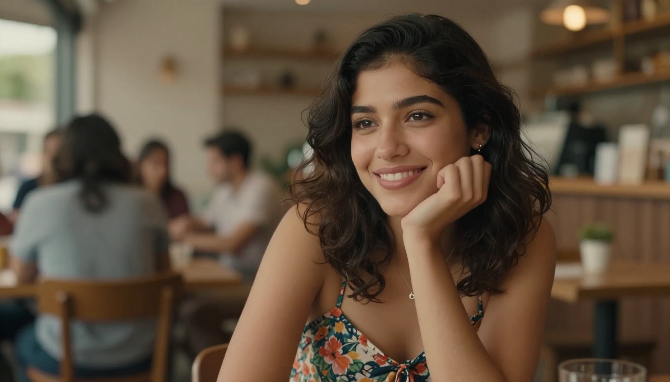 A beautiful Latina woman at a cafe, warm afternoon light, warm playful smile directed at camera, floral sundress, dark wavy hair