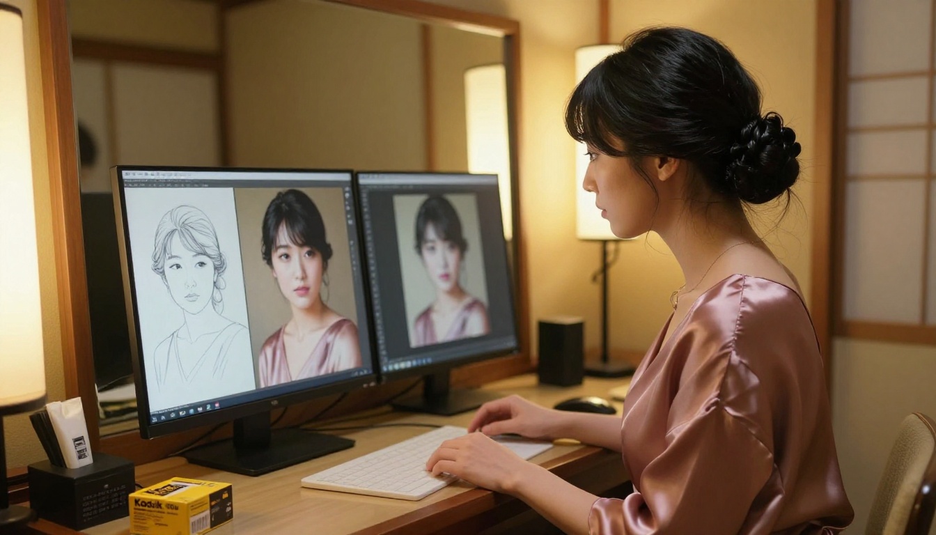 Japanese woman comparing traditional art and AI-generated images on dual screens