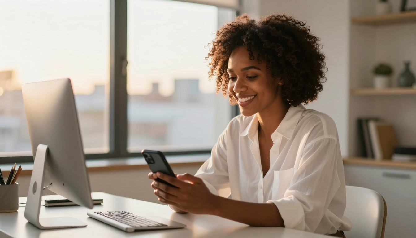 A beautiful confident African woman with natural hair smiling warmly at her phone at a minimalist desk, golden afternoon rimlight from a large window, Kodak film grain