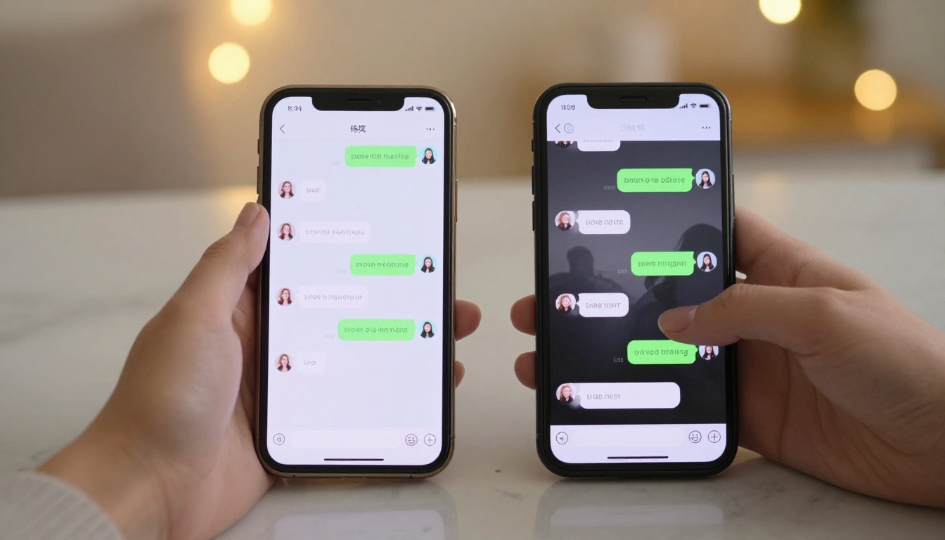 Two smartphones on marble, one showing shallow chat, one showing deep intimate conversation, woman's hand reaching for the expressive one, warm bokeh bedroom