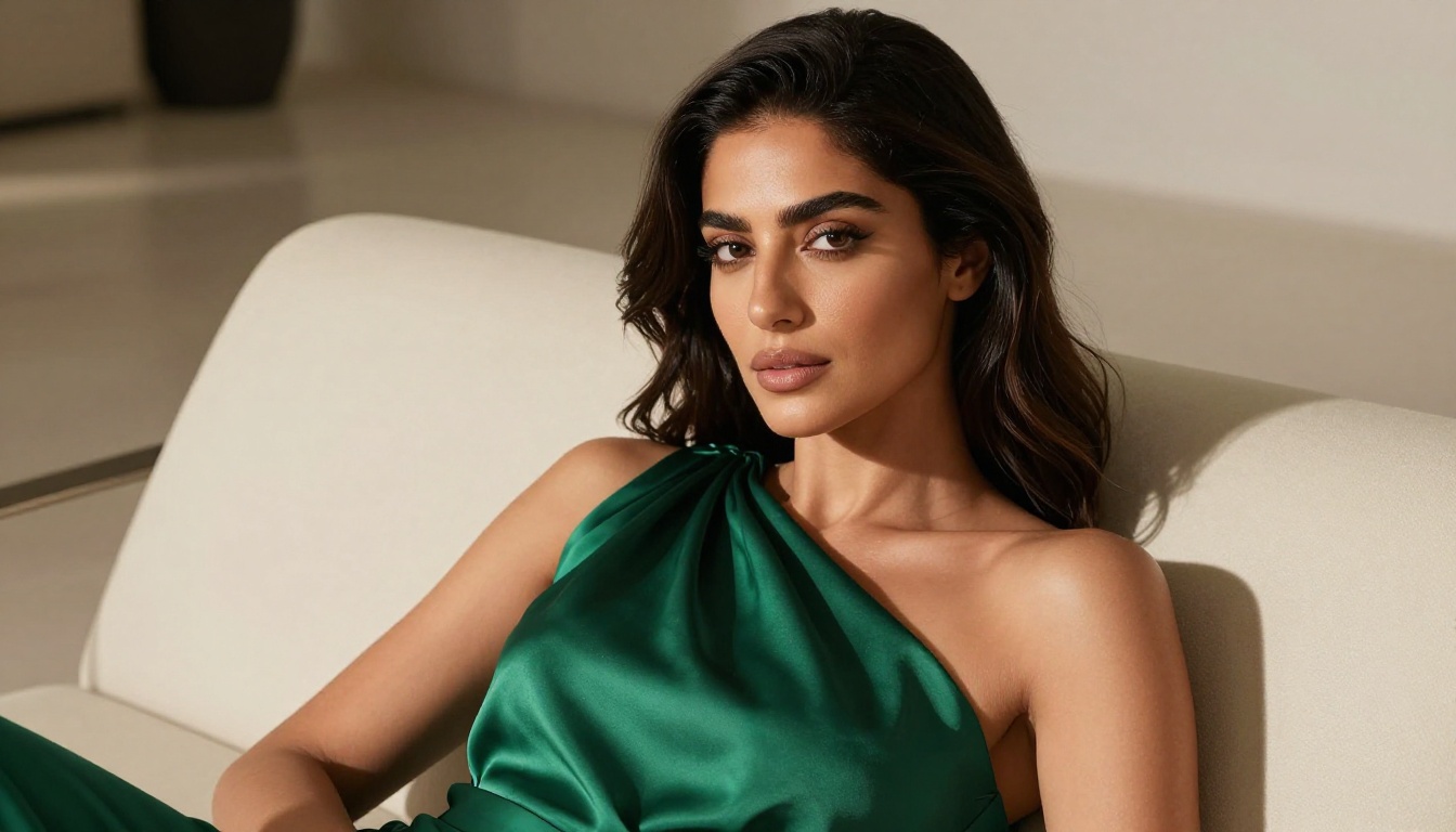 Elegant Middle Eastern woman in emerald green top reclining on chaise lounge