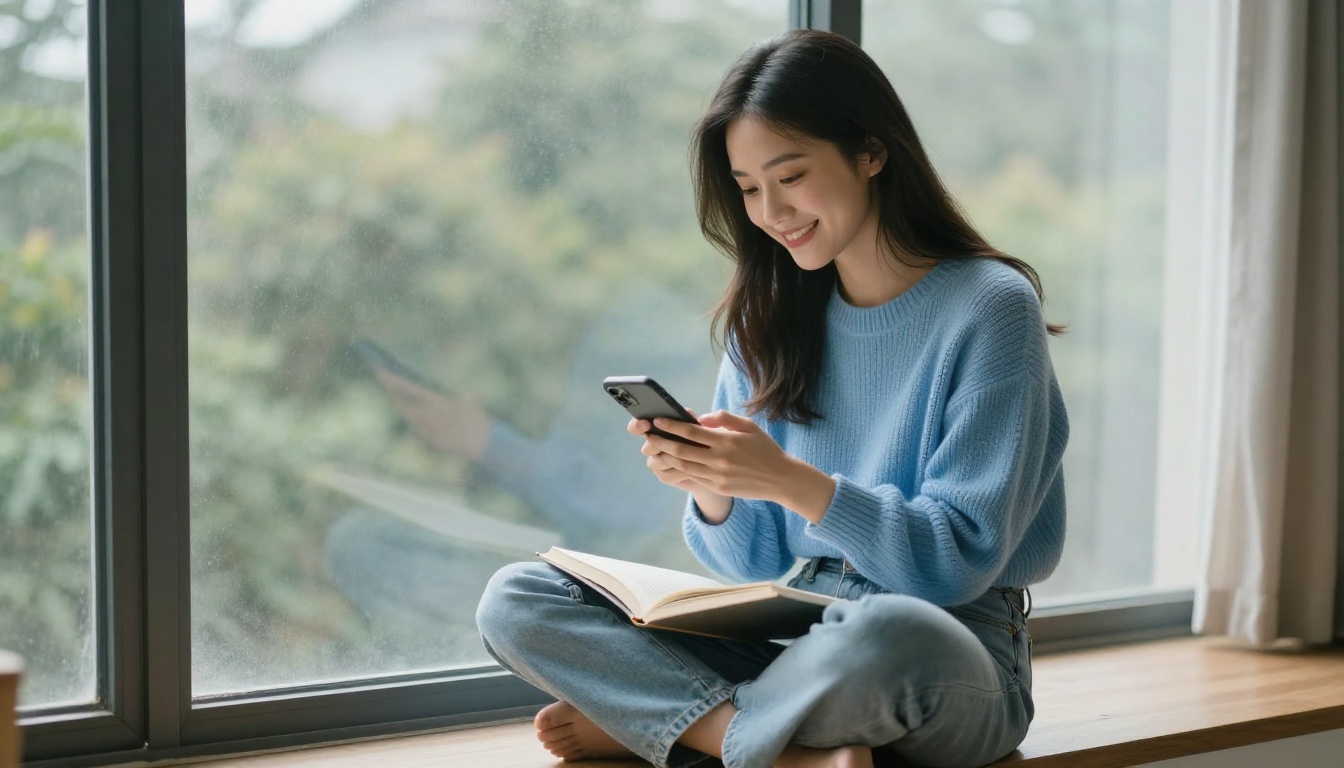 An Asian woman on a window seat, soft overcast light from behind, smiling warmly at her phone, cozy knit sweater, intimate atmosphere