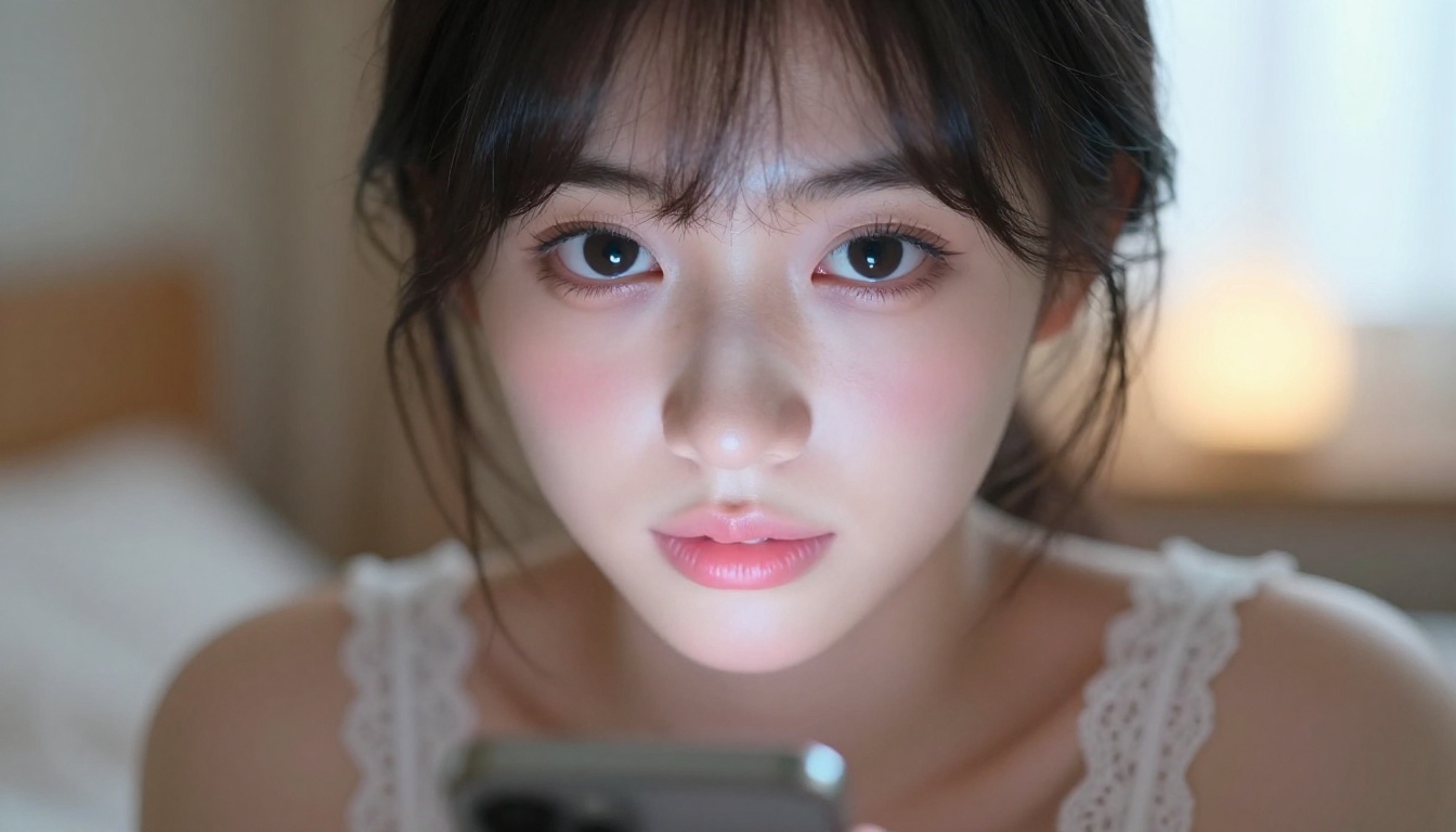 Korean woman in intimate close-up portrait, warm amber bokeh behind her