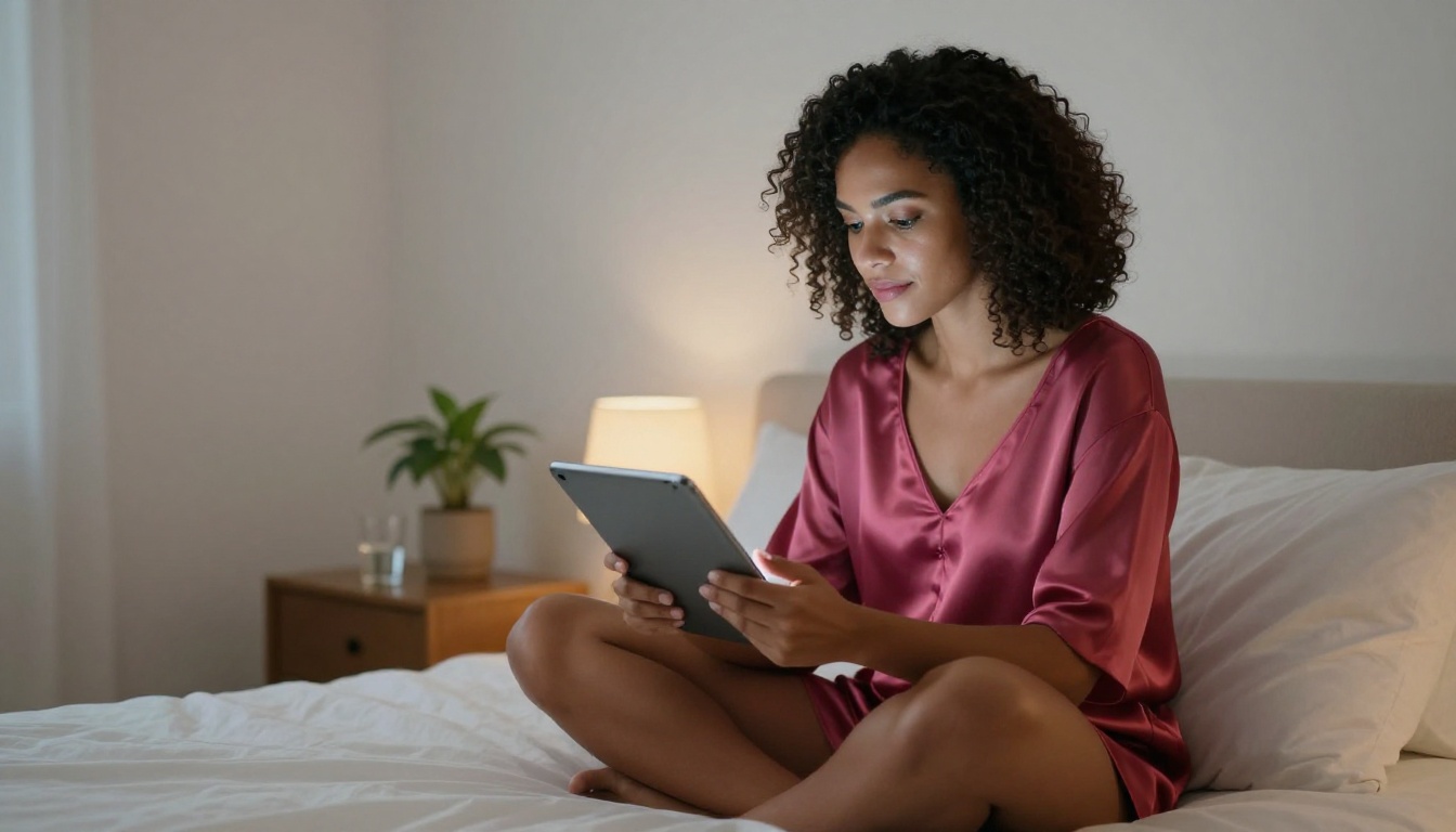 Woman looking at a glowing tablet screen in an intimate bedroom setting