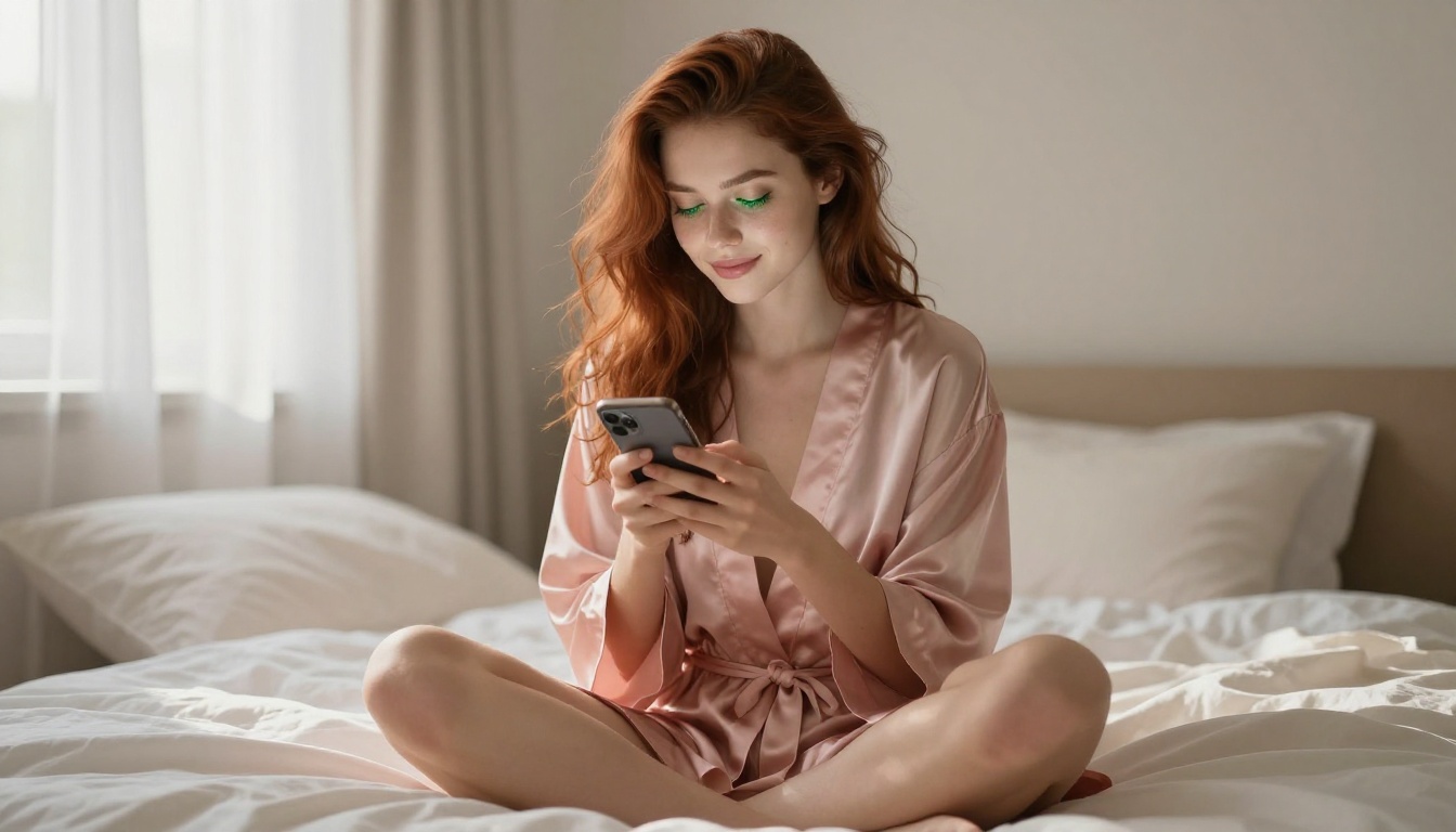 Gorgeous woman with auburn hair in blush silk robe holding phone to her chest, eyes closed with a private smile, soft morning light through sheer curtains