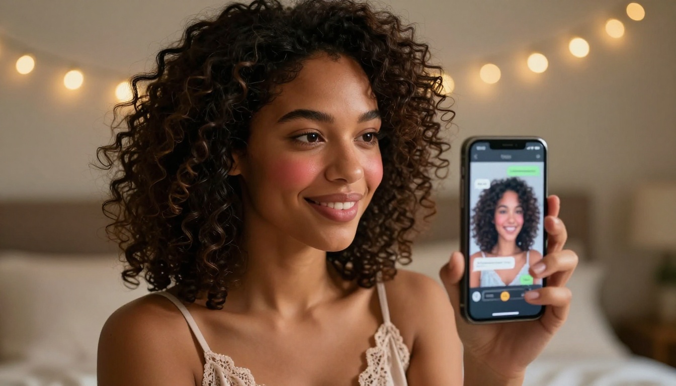 Mixed-race woman with AI companion chat on smartphone, warm intimate bedroom setting