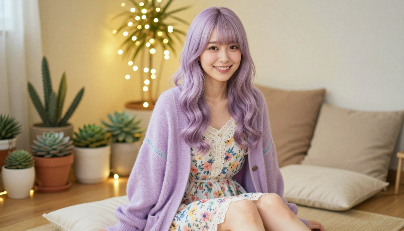 Japanese woman with pastel lavender hair in cozy room with fairy lights
