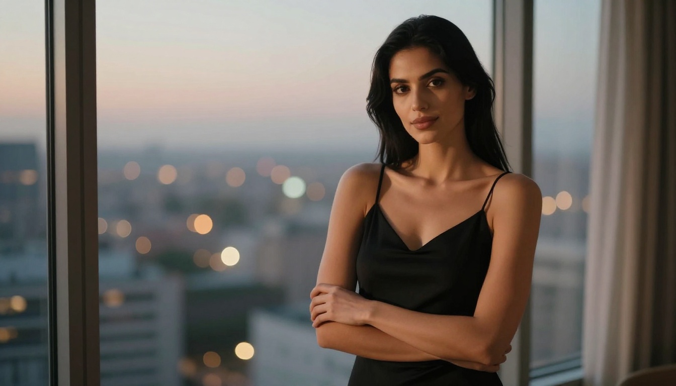 Woman standing by apartment window at dusk with city lights behind her