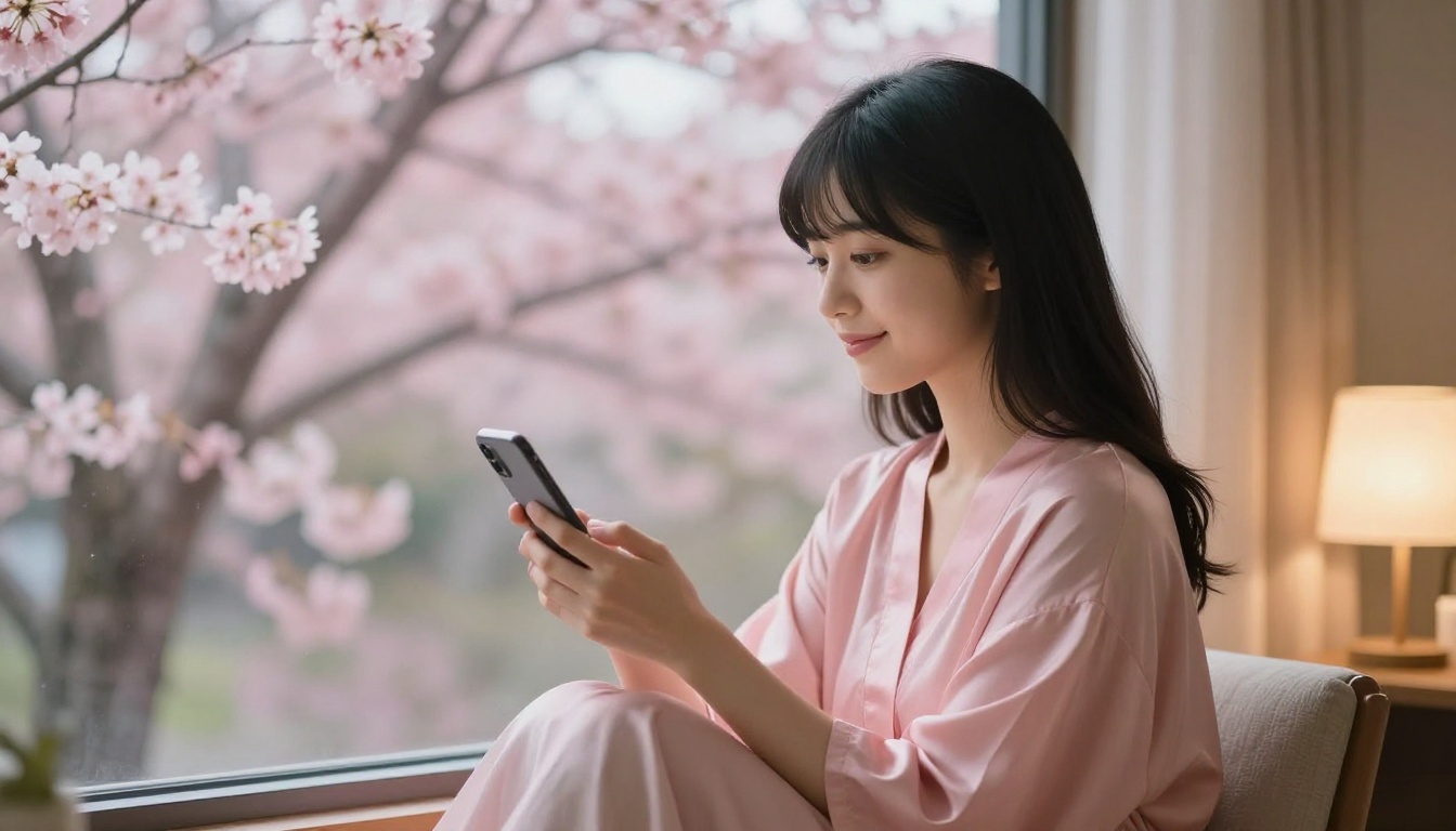 Side profile of a young Japanese woman in a soft pink robe sitting near a window with her phone, cherry blossoms blurred outside, warm indoor light creating a gentle halo effect
