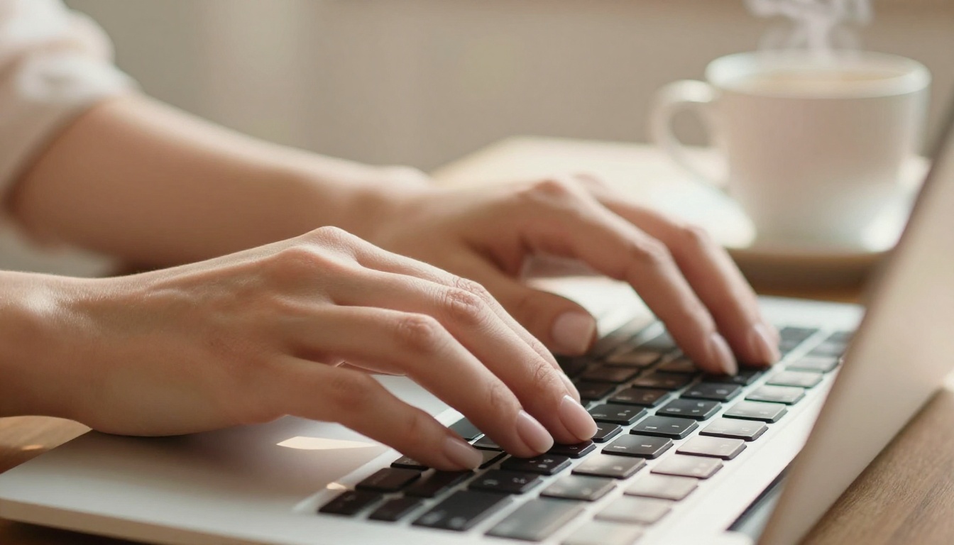 Close-up of a woman's hands typing on a laptop conveying private digital interaction