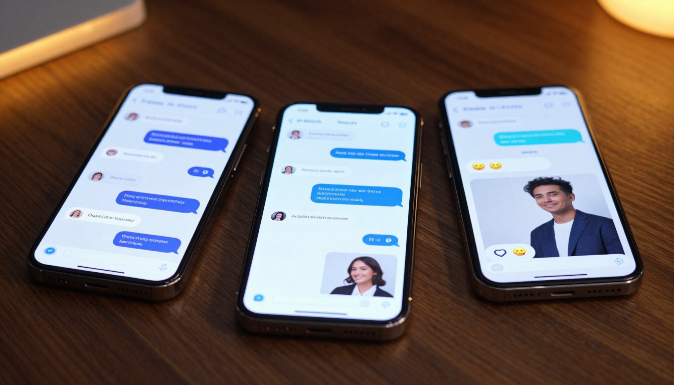 Three smartphones on dark walnut table showing AI companion chat interfaces