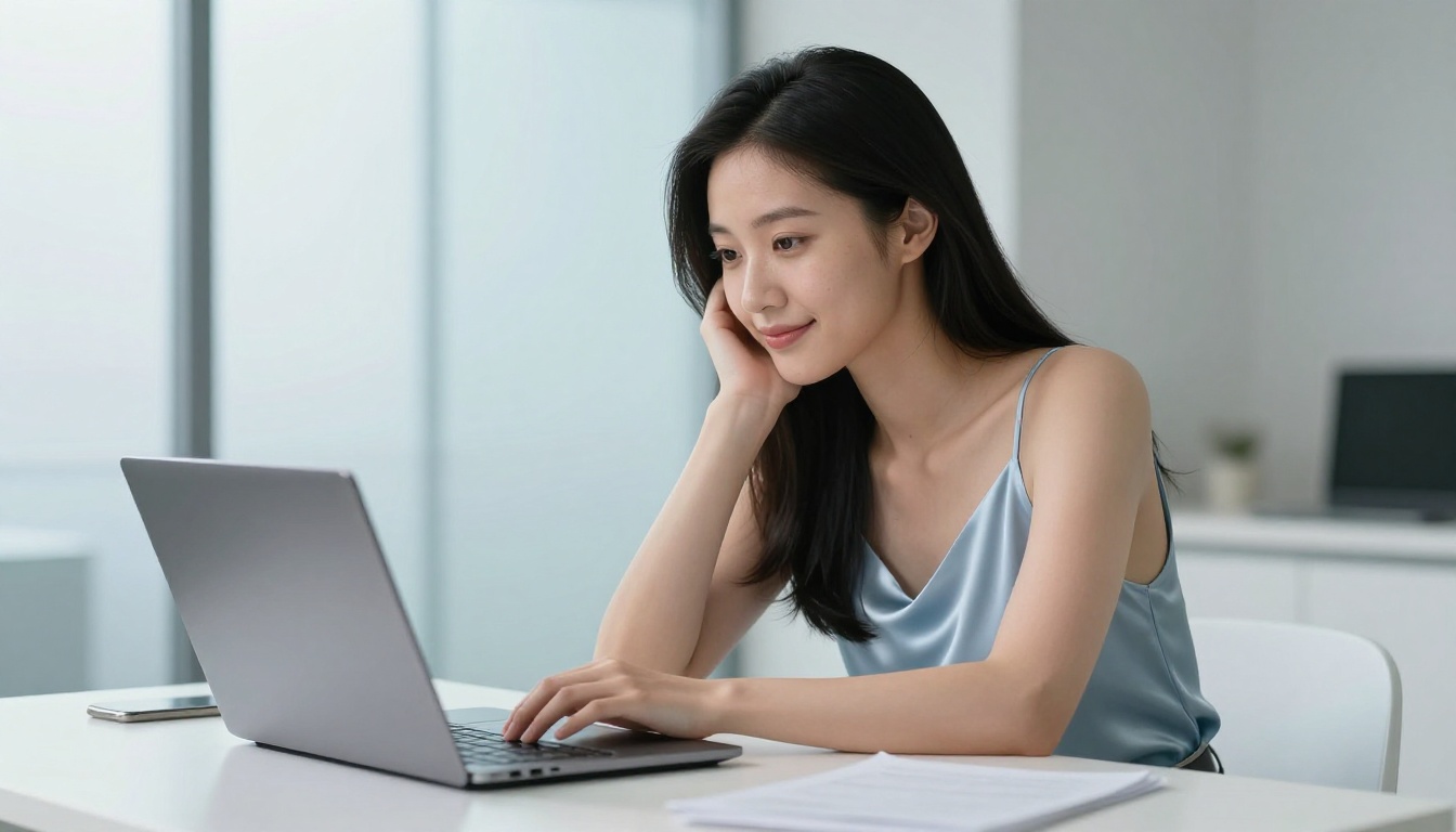 A young Asian woman sitting at a sleek white desk in a minimalist home office, leaning slightly forward with her chin resting on one hand and a captivated smile as she looks at her laptop screen in cool afternoon light