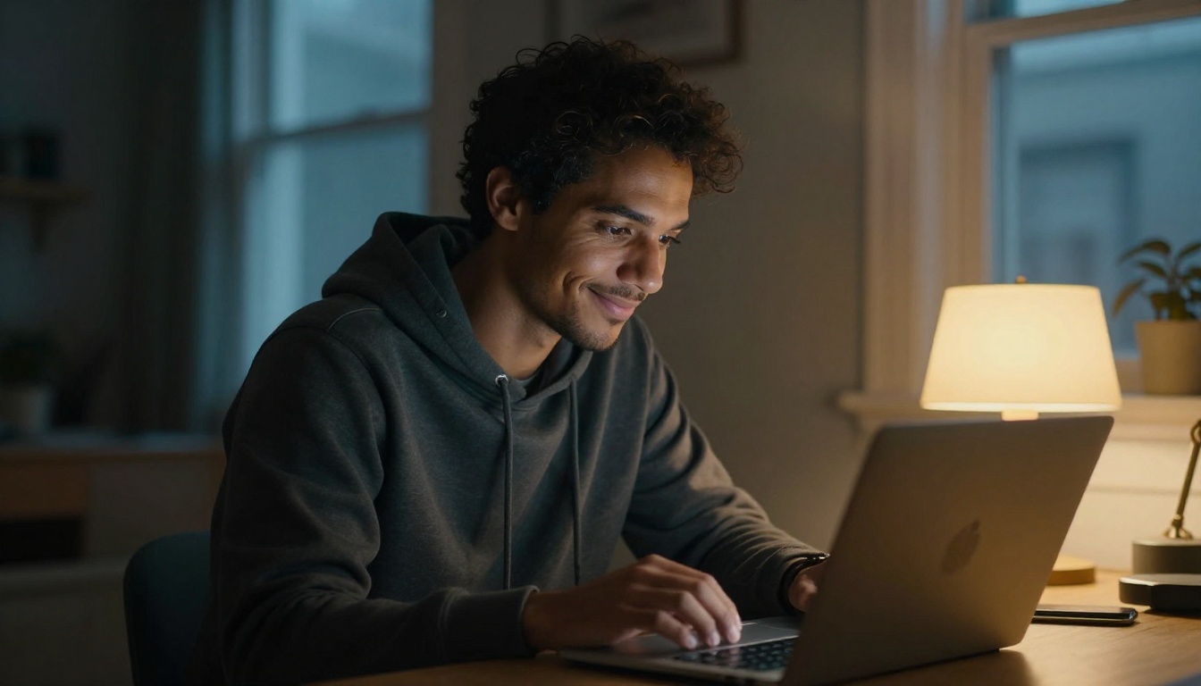 A man at his home desk in the evening, warm lamp light from the right, gentle smile reading something touching on his laptop, cinematic split lighting effect