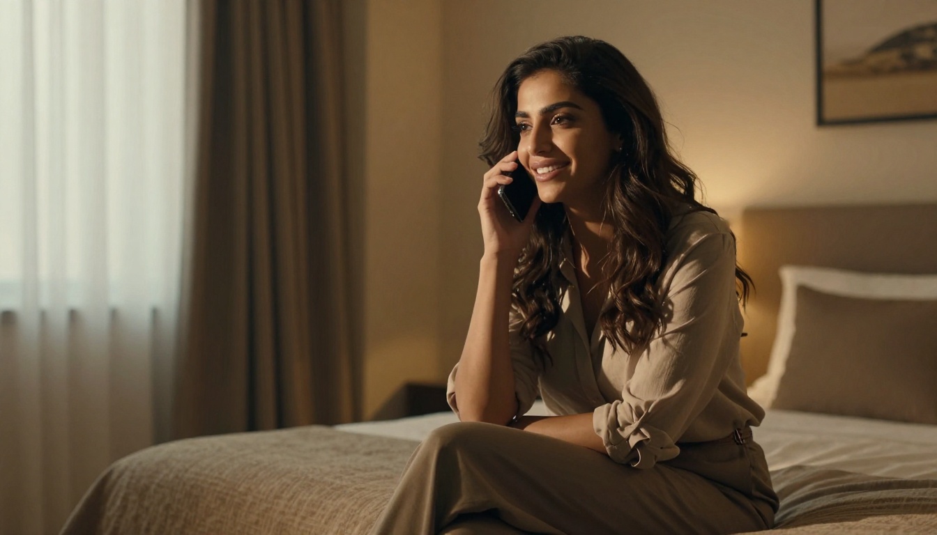 A beautiful Middle Eastern woman with expressive dark eyes sitting on the edge of a hotel bed, engaged in a phone conversation, dramatic chiaroscuro side lighting emphasizing her natural beauty