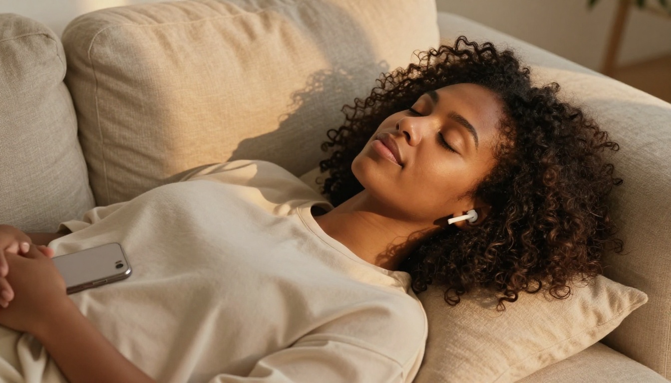A Black woman lying on cushions with wireless earbuds in, eyes closed peacefully, phone on her chest, warm golden afternoon light, natural coily hair, soft ivory fabric