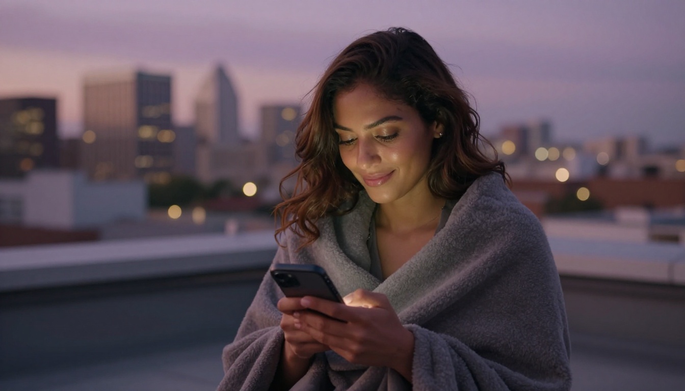 A beautiful Latina woman sitting alone on a rooftop terrace at dusk, wrapped in a soft charcoal blanket, scrolling her phone with a warm and content expression while the glittering city skyline softens into bokeh behind her