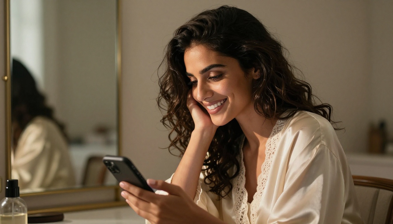 Middle Eastern woman laughing genuinely while looking at her phone in a boudoir setting