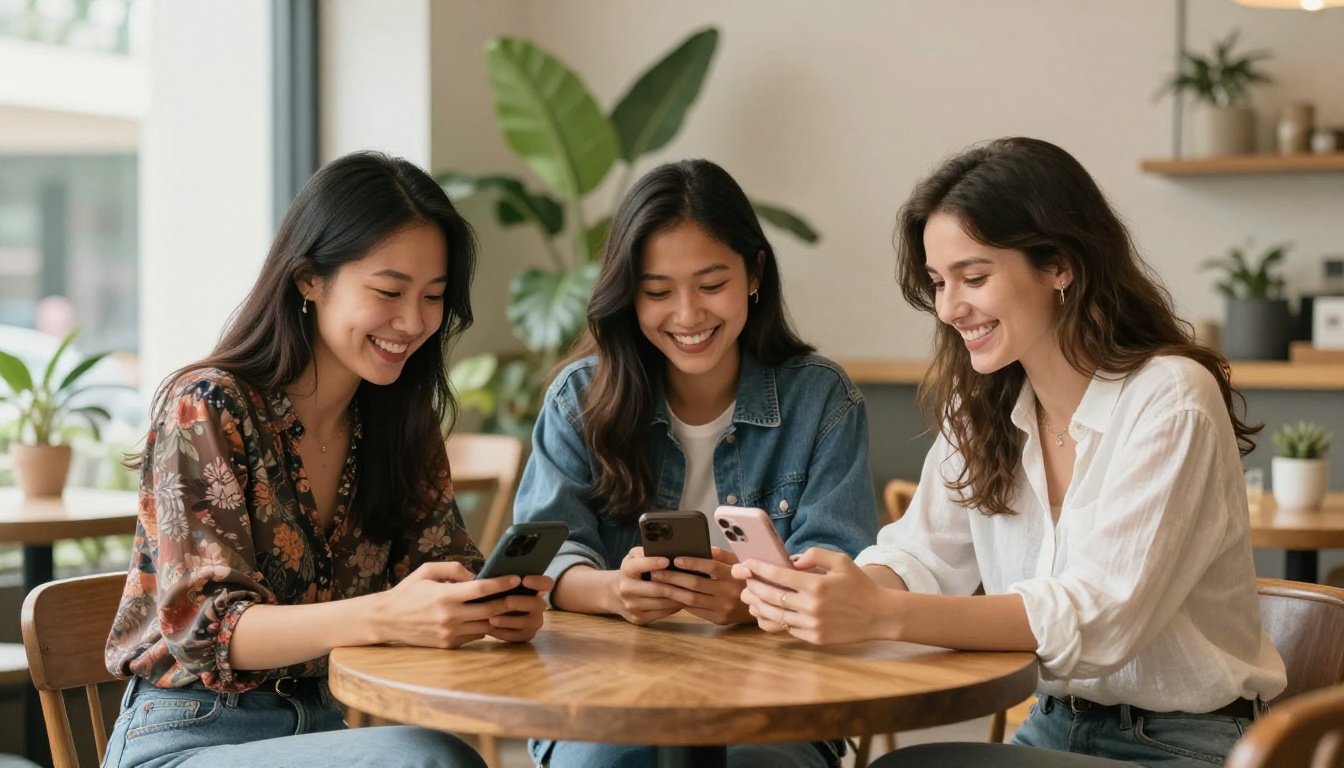 Three diverse women laughing together at cafe table with phones