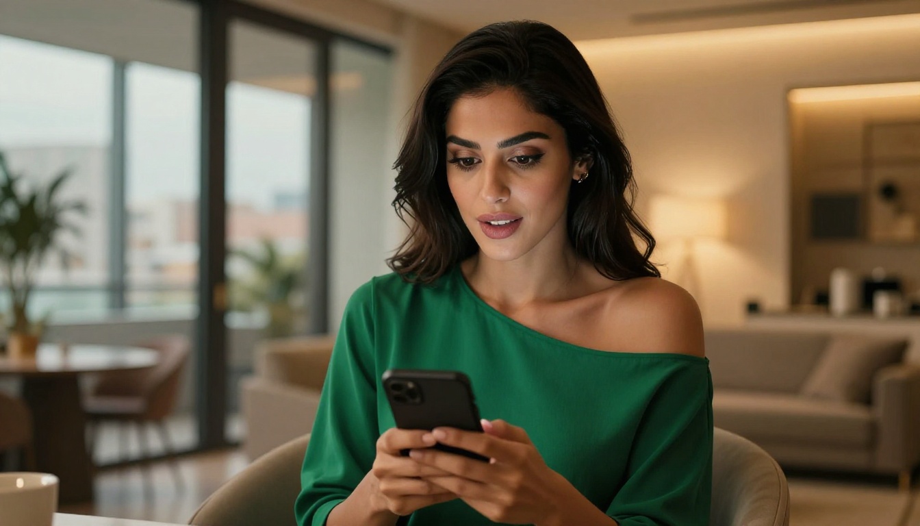 A stylish Middle Eastern woman in an emerald off-shoulder top, a look of pleasant surprise on her face while looking at her phone, warm modern apartment, cinematic warm lighting