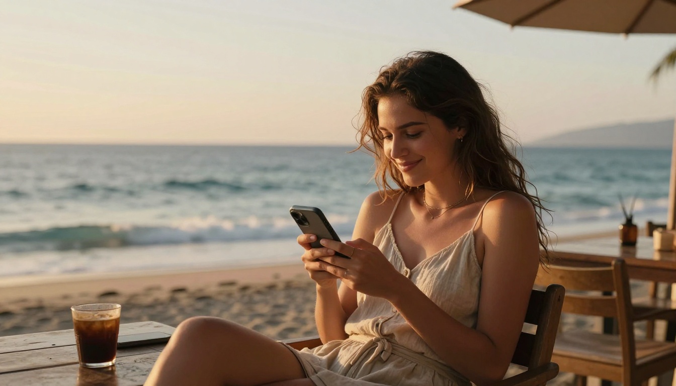 A young woman at a rustic beach café at golden hour, typing on her phone with a relaxed smile, vast ocean softly blurred behind her, warm sunset rimlight on her hair