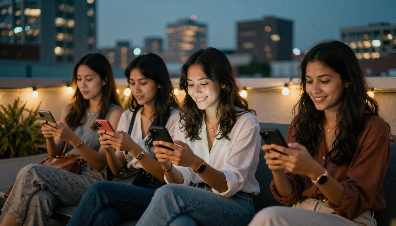 Three diverse women sitting together on a rooftop terrace at dusk, each on their phone and smiling, warm string lights creating soft bokeh, city skyline glowing in the background
