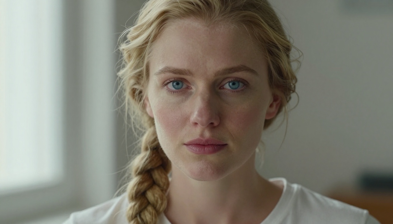 Close-up portrait of a European woman with pale porcelain skin, ice-blue eyes, and soft strawberry-blonde hair pulled into a loose braid, looking directly into the camera with natural warmth and quiet confidence in soft window light