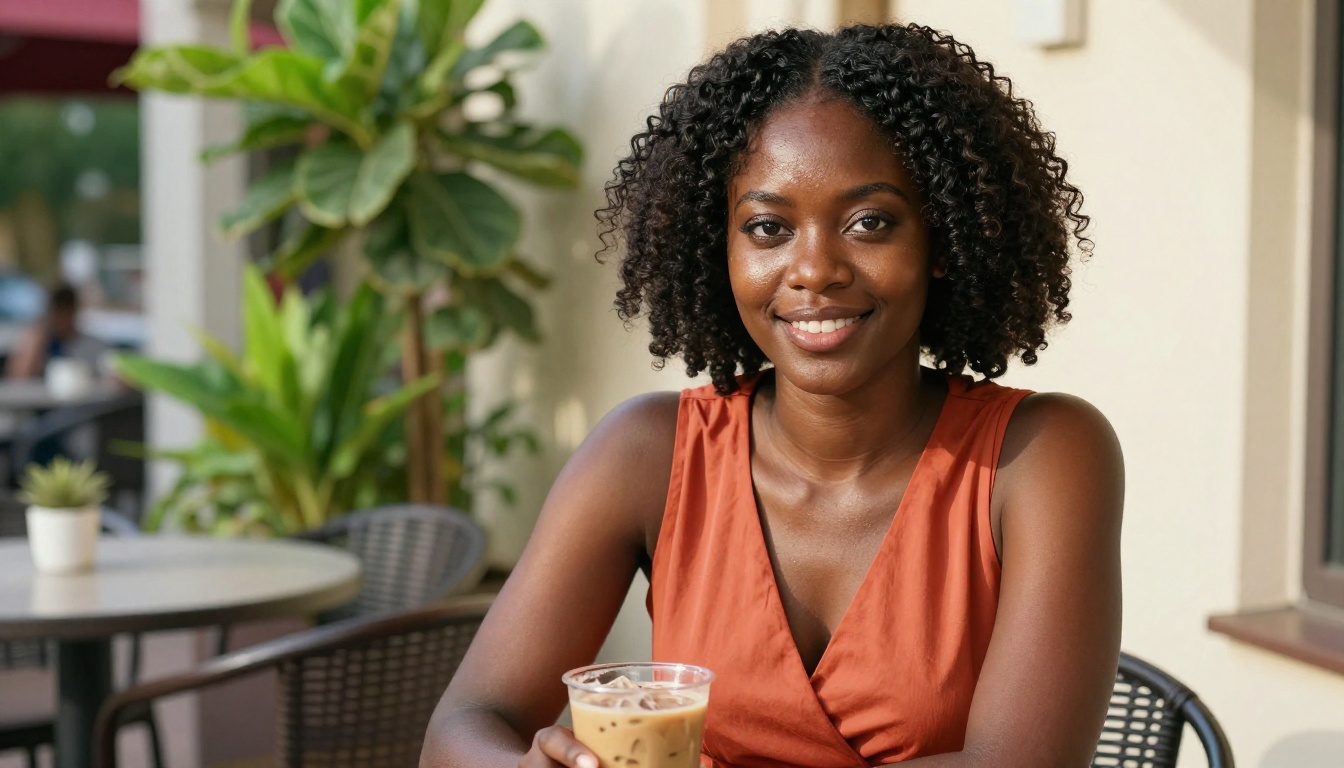 Woman sitting outdoors at a cafe smiling confidently in natural afternoon light