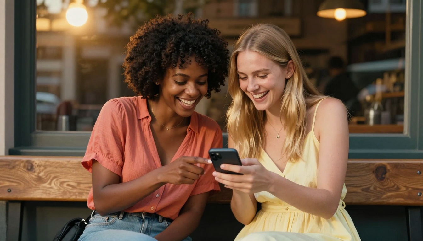 Two women sitting side by side on a cafe bench, laughing and pointing at a shared phone screen with genuine delight, in warm golden afternoon light streaming through cafe windows