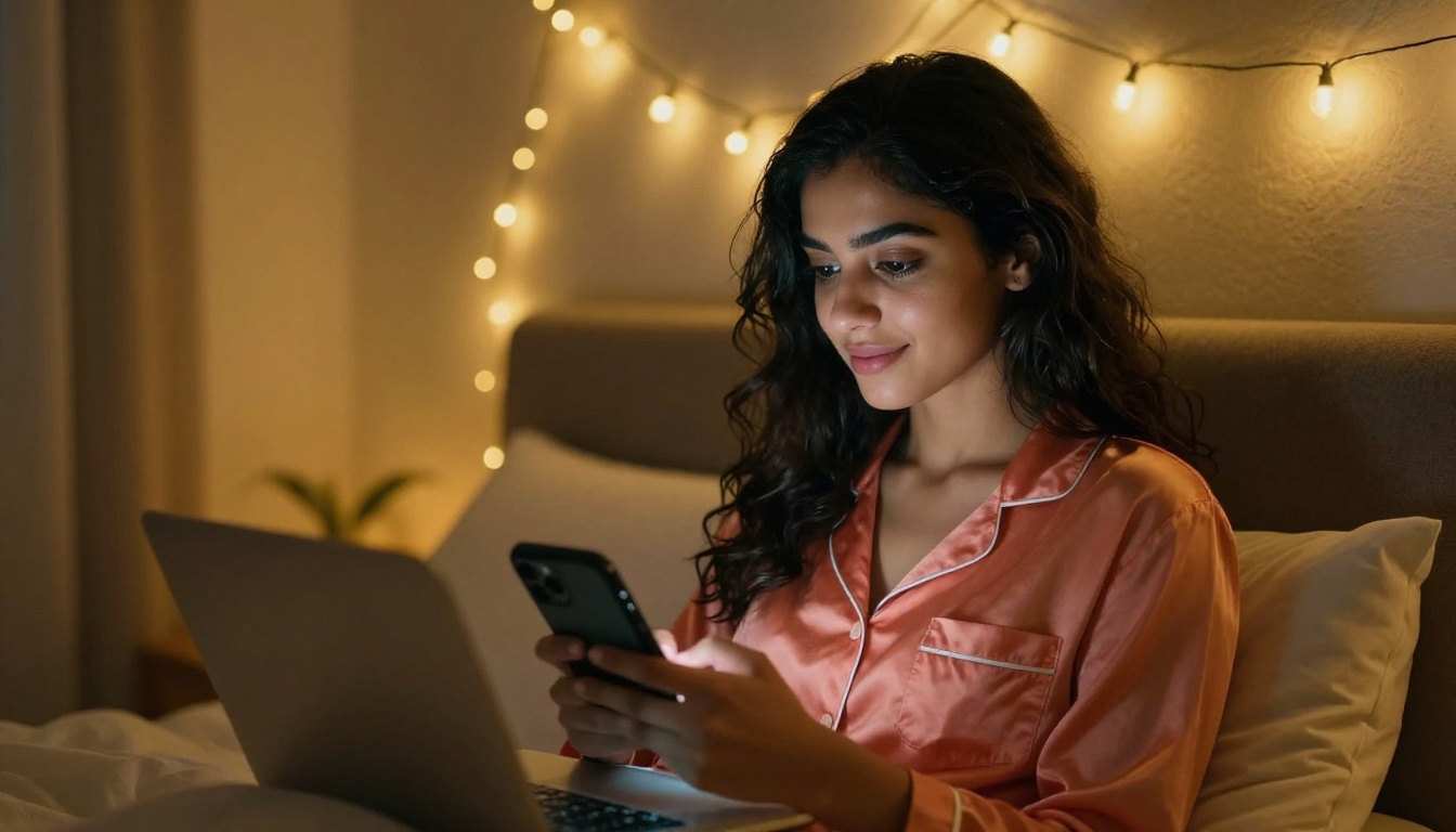 A young Middle Eastern woman sitting alone in a cozy bedroom at night, typing on her phone with focused attention and a warm half-smile, illuminated by the golden glow of fairy lights strung above her headboard