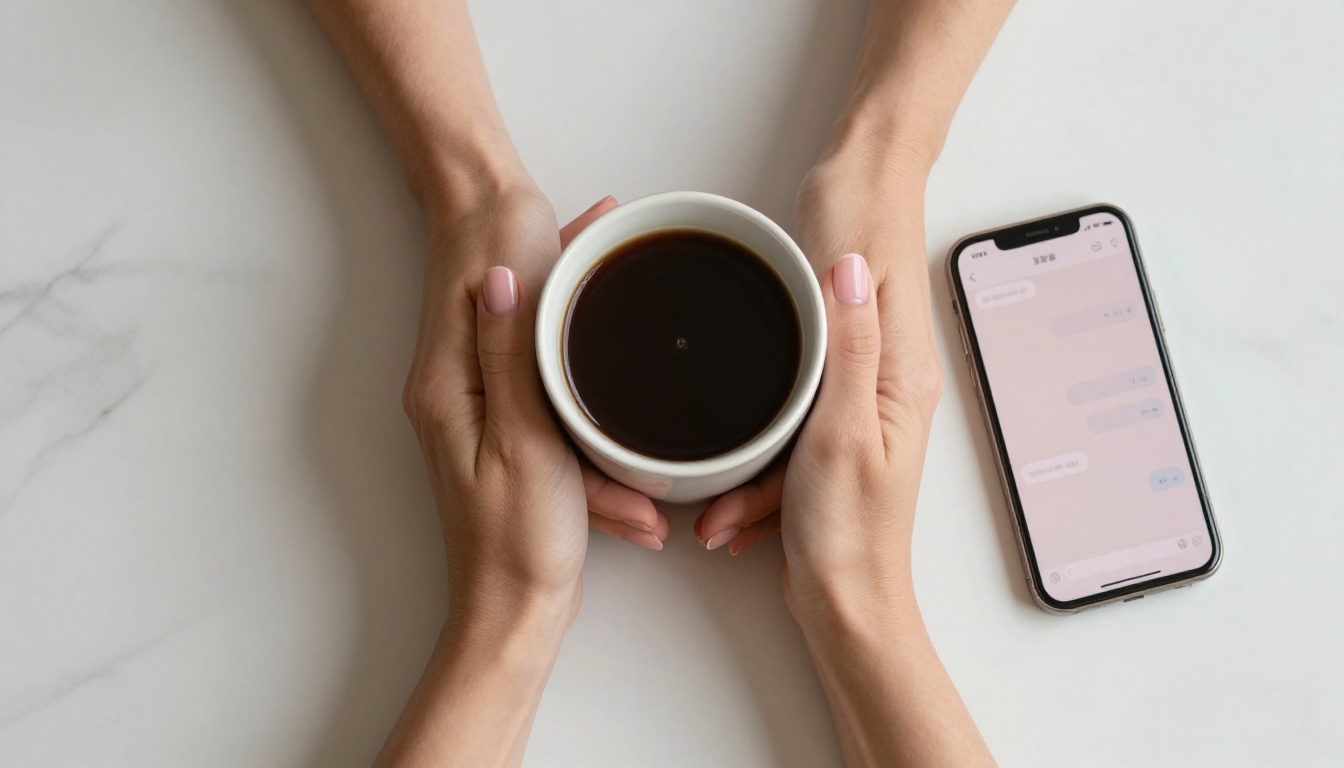 Aerial top-down view of a woman's perfectly manicured hands cradling a warm ceramic coffee mug on white marble, with a modern smartphone showing a soft glowing chat interface placed beside it in natural light