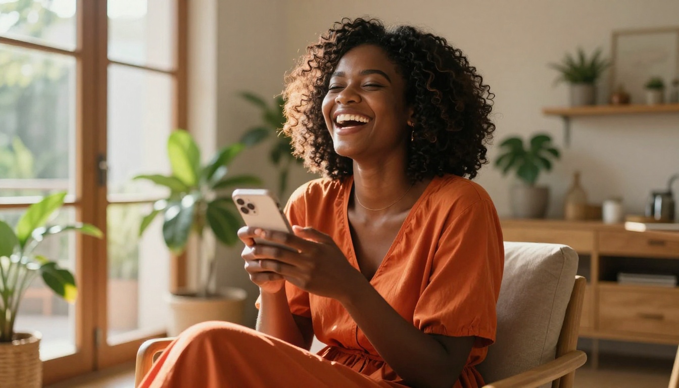 A strikingly beautiful African woman with natural coiled hair and rich dark skin sitting in a sunlit living room, laughing freely with head tilted back in genuine joy, wearing a vibrant rust-orange sundress and holding a phone loosely in one hand