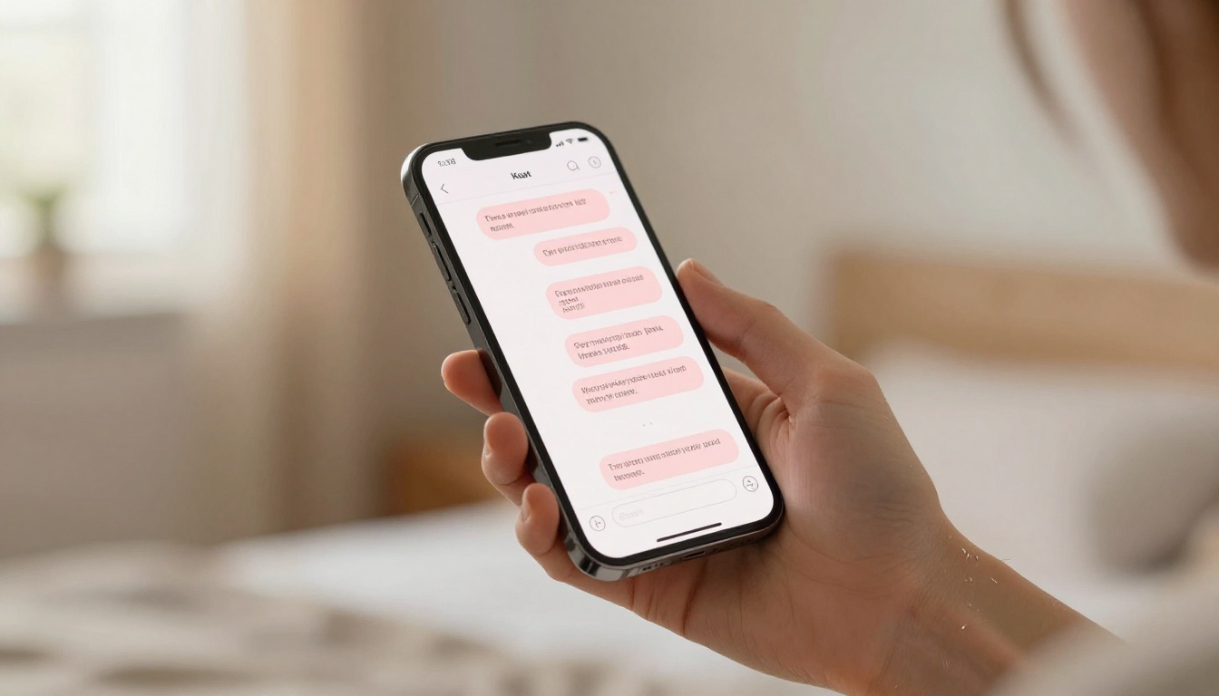 Low-angle close-up of a sleek smartphone screen held in a young woman's delicate hand, glowing warmly with a soft chat interface in blush pink and clean white, natural light from a bedroom window catching the fine details of her forearm