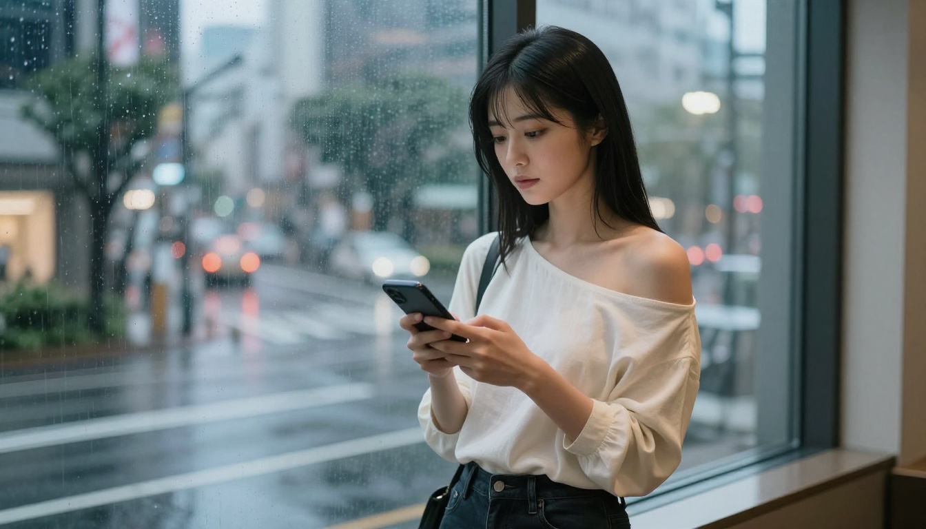 A stylish Japanese woman in a cream off-shoulder blouse standing by a floor-to-ceiling window overlooking a rain-slicked Tokyo street at early evening, holding her phone to her chest with a wistful and content expression, city lights reflected in the rain-streaked glass