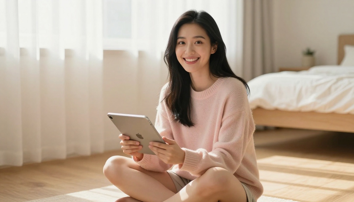 Asian woman smiling at tablet in warm morning light