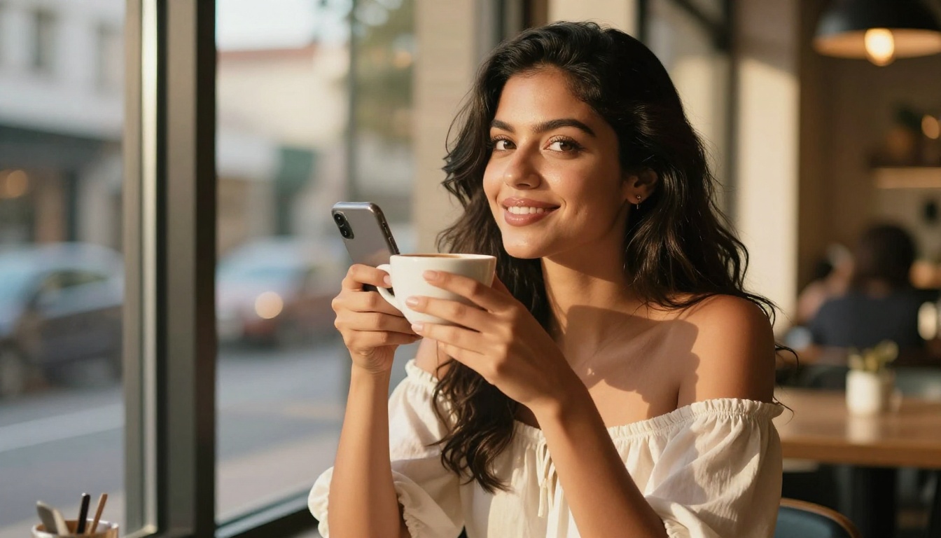 Latina woman smiling at phone in sunlit cafe