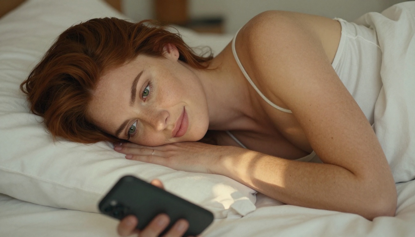 European woman lying on white bed looking at phone