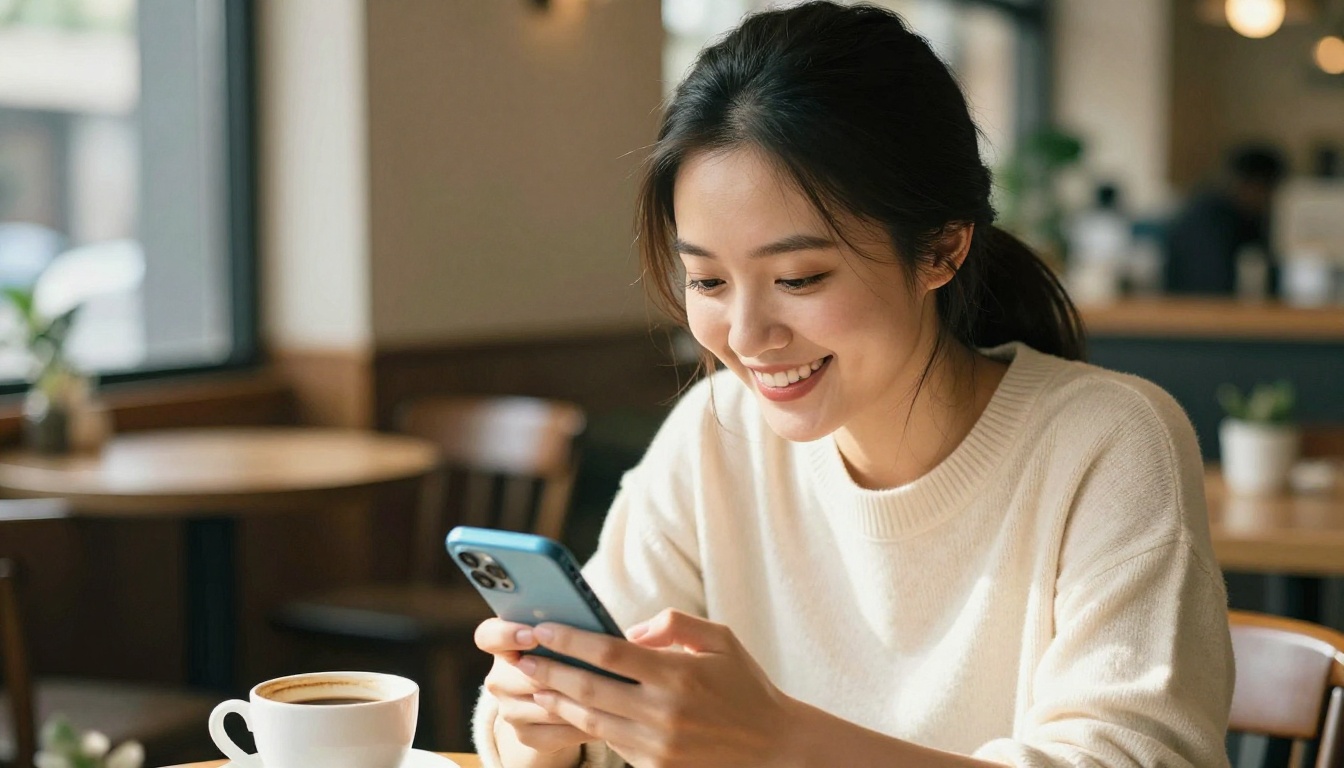A beautiful Asian woman smiling at her phone in a warm cafe, natural daylight filtering through the window