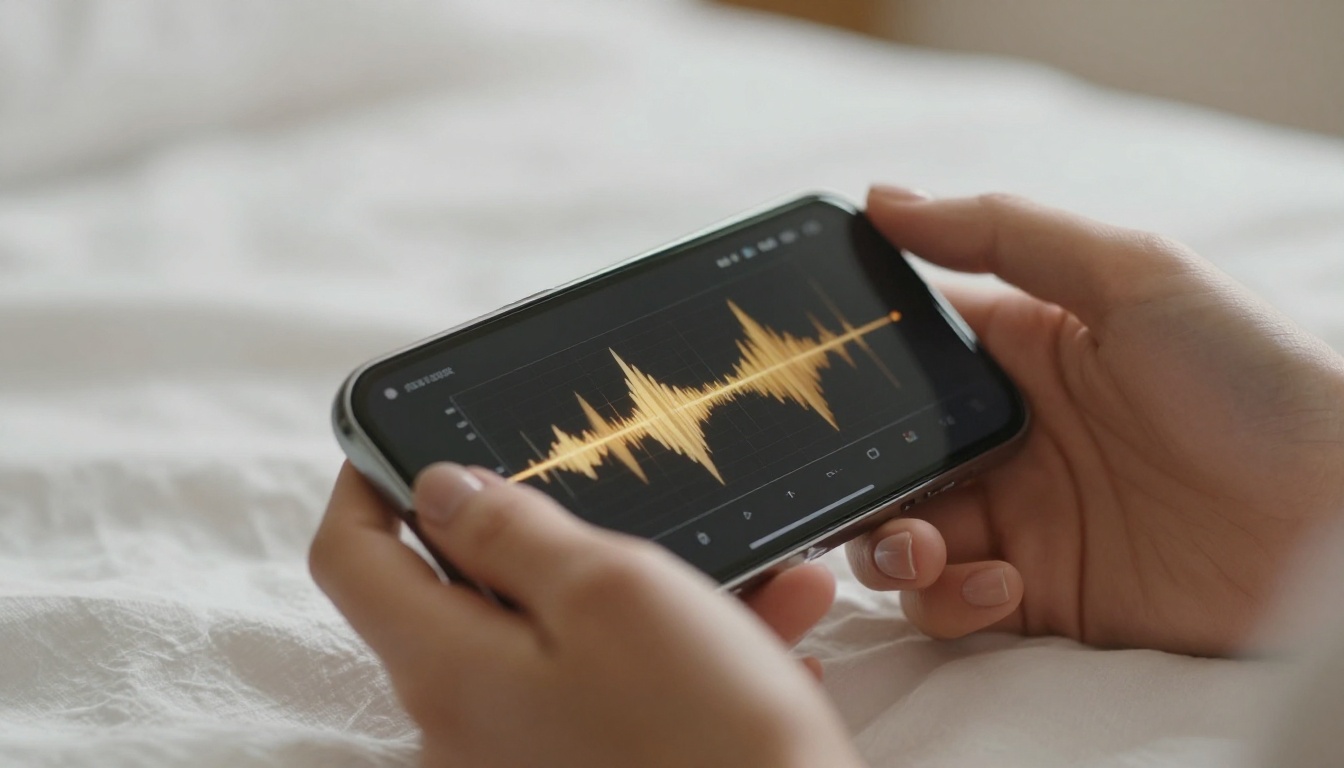 Elegant hands holding a smartphone showing a voice waveform visualization in golden tones, white linen background, warm intimate light