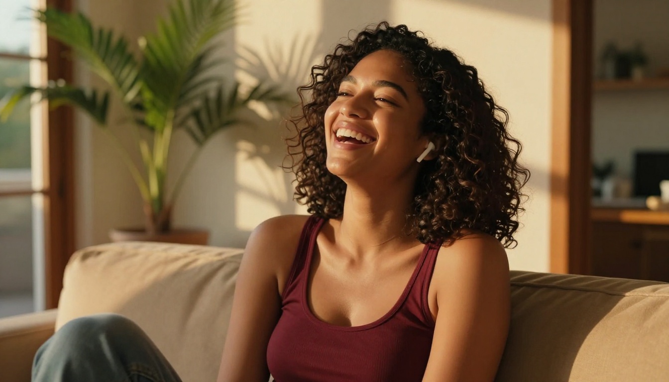 A beautiful Latina woman laughing with wireless earbuds in a sun-drenched living room, golden afternoon light streaming through French doors