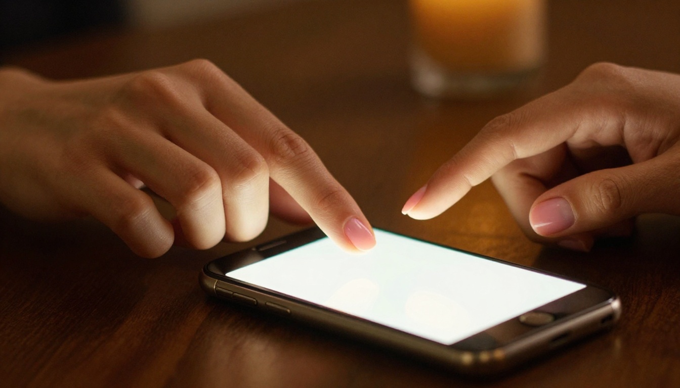 Woman's hand reaching toward glowing phone screen in candlelight