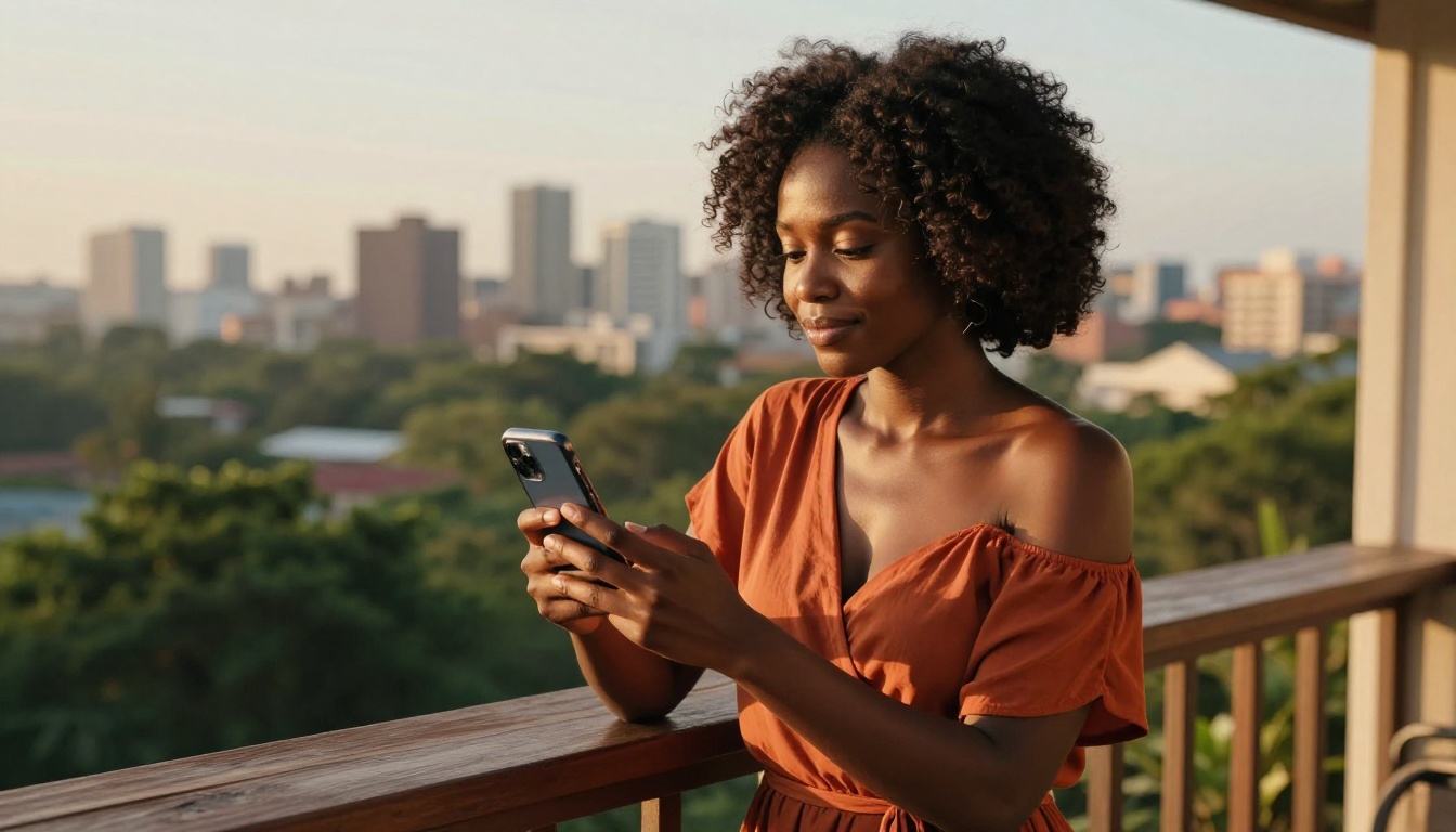 A radiant African woman on a sunny balcony overlooking a lush cityscape, holding her phone with a soft contemplative smile, golden hour light