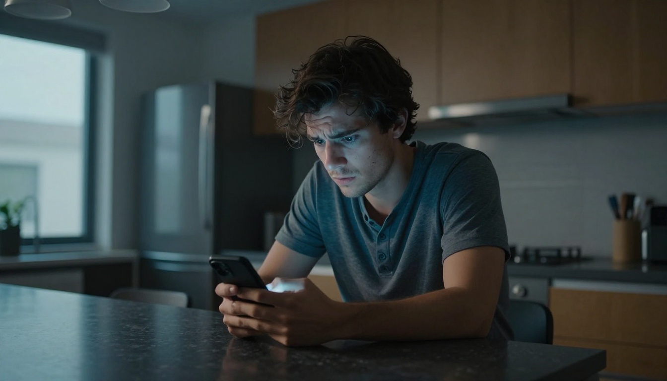 Frustrated man scrolling dating apps alone at night
