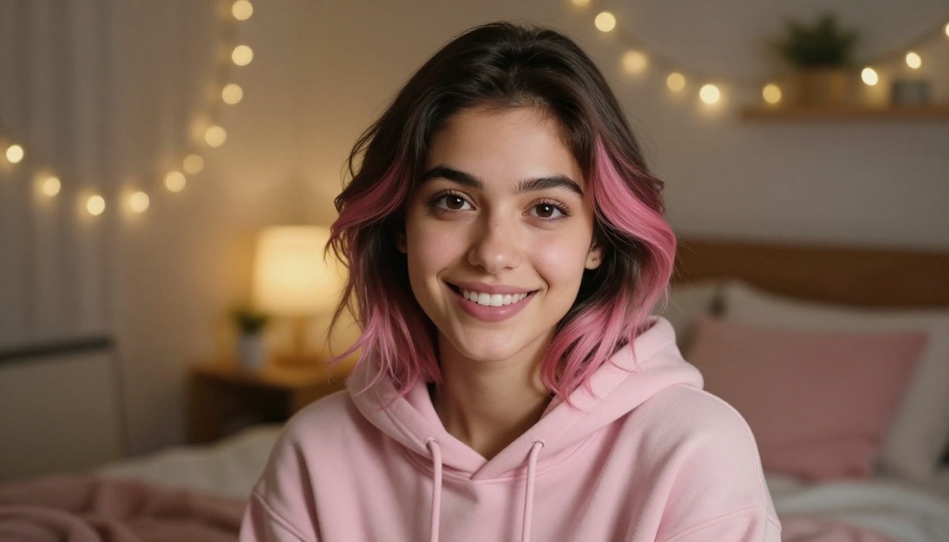 Anime-inspired woman with pastel hair in cozy bedroom