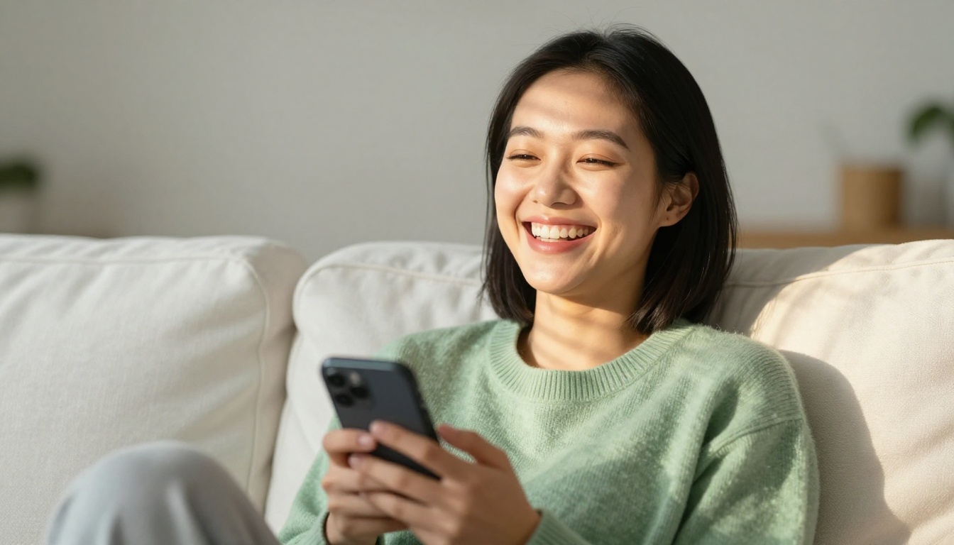 Joyful young woman laughing warmly with her phone