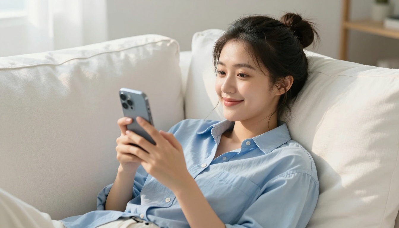 Beautiful AI companion browsing experience on a cozy sofa