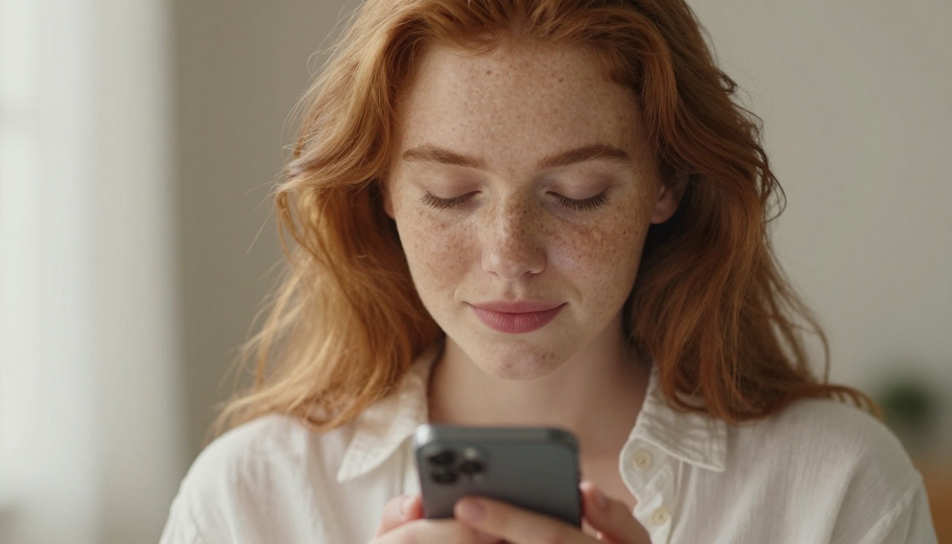 A young woman with auburn hair and freckles, eyes closed, holding her phone near her lips with a serene expression, soft natural diffused window light